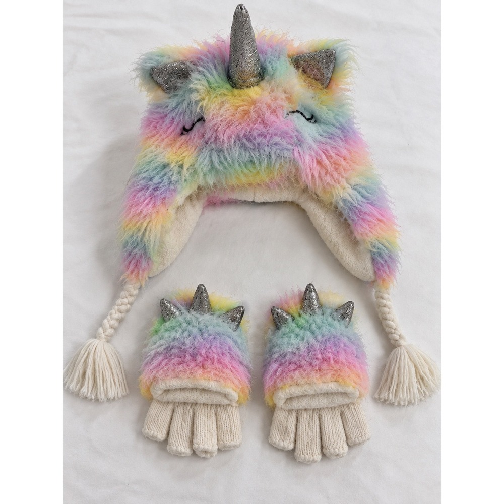 Target Girls Pastel Rainbow Faux Fur Unicorn Trapper Hat and Mittens Set OSFM
